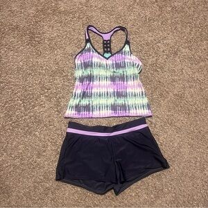 ZeroXposur Mint, Purple & White Tie-Dye Racerback Swim Top and shorts